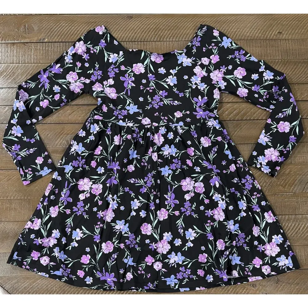 The Children's Place Girls Floral Everyday Dress Black/Purple LARGE (10-12) - Picture 6 of 7